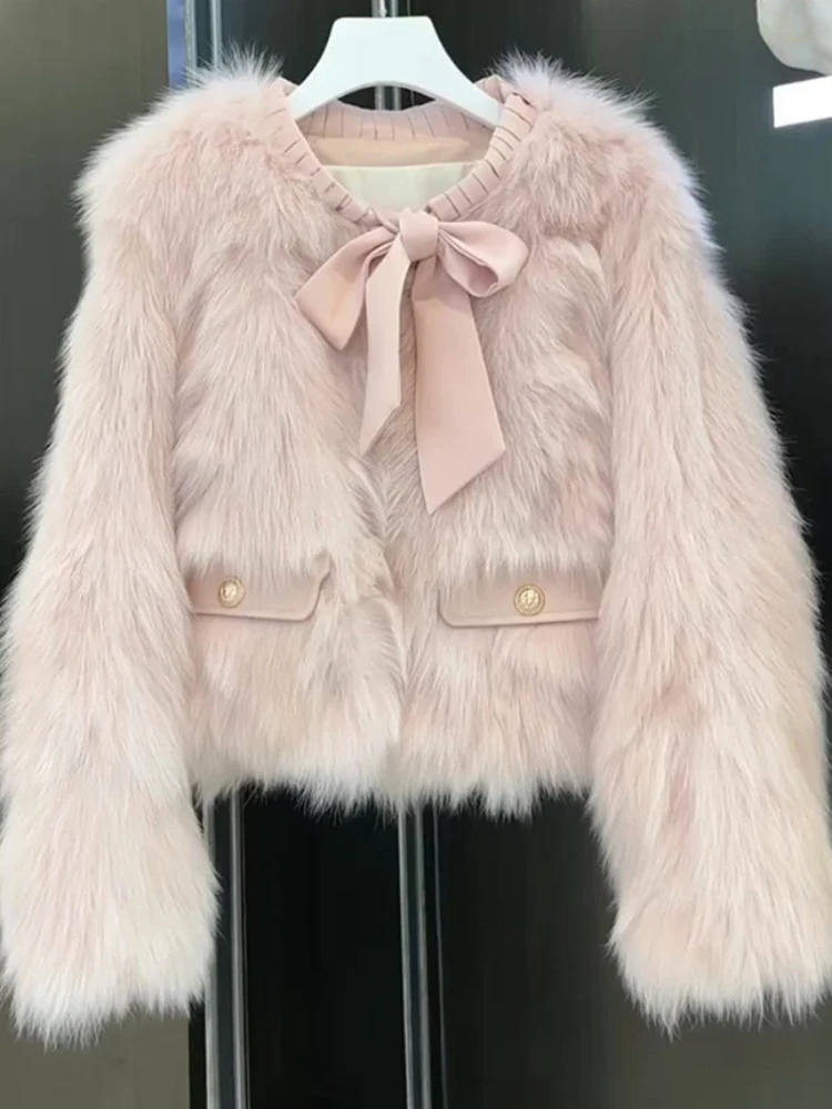 Pink Faux Fur Coat Women Fashion Elegant Bow Fluffy Jacket Winter Ladies Korean Long Sleeve Design Furry Short Outerwears New