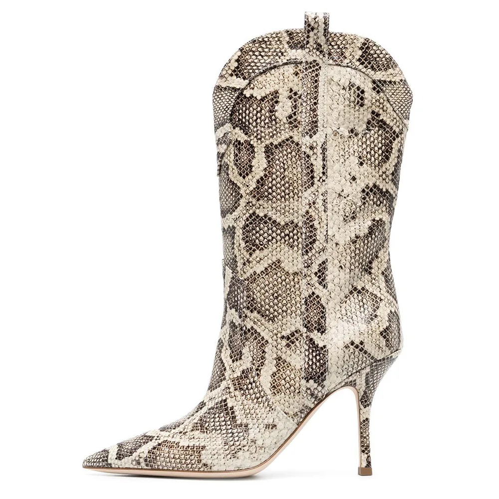 2023 New Autumn/winter European and American Fashion Sexy Cross Border Season Snake Pattern Mid Length Boots Foreign Trade