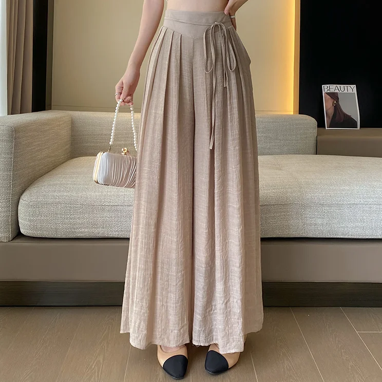 Women Wide Leg Pants New Casual Loose Pleated Pants  Light Weight Solid Color Slim And Flowing Skirt With Drooping Feeling Z334