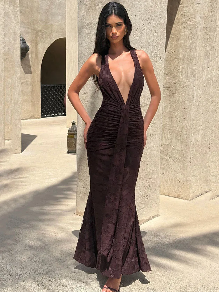 Articat sexy sem mangas profundo v sem costas bodycon festa clube vestido de noite feminino elegante pendurado pescoço malha retalhos vestido formal