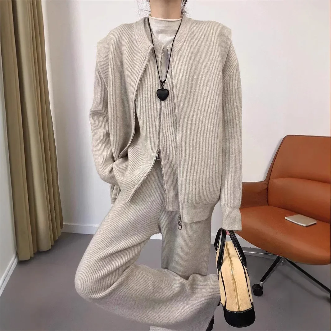 SuperAen Autumn and Winter New Korean Style Loose Vest Fashion Zipper Casual Cardigan Sweater Coat Long Pants Three-piece Sets