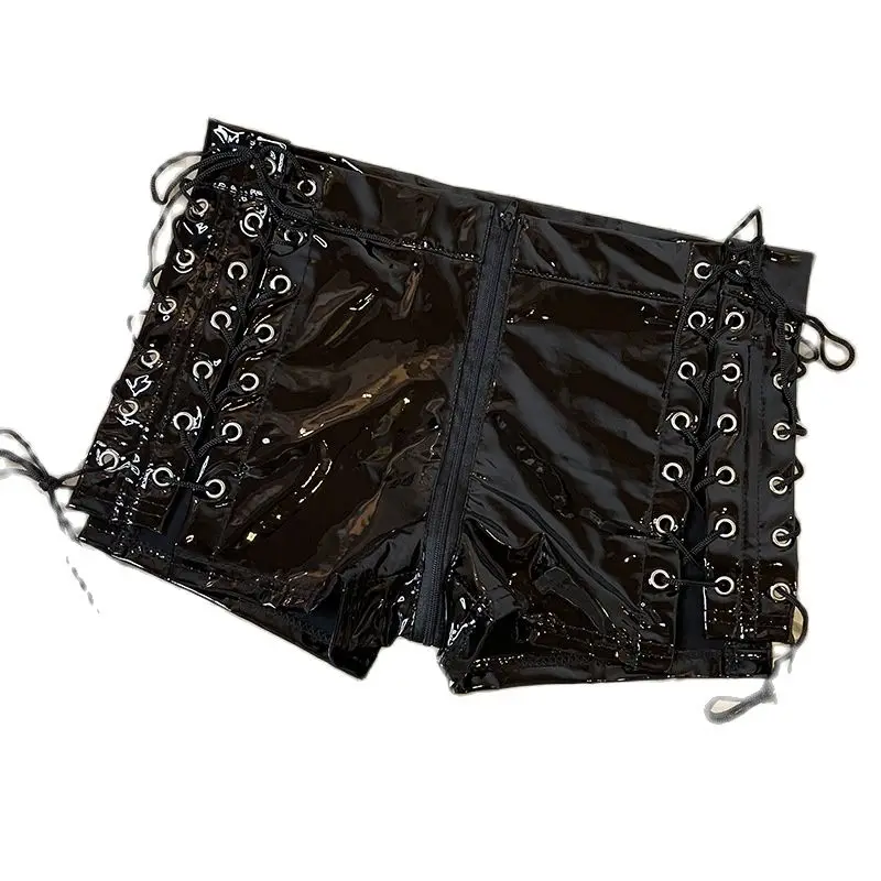 Women Black Bright Pu Leather Bandage Shorts Strap Lace Up Low Waist Skinny Shorts