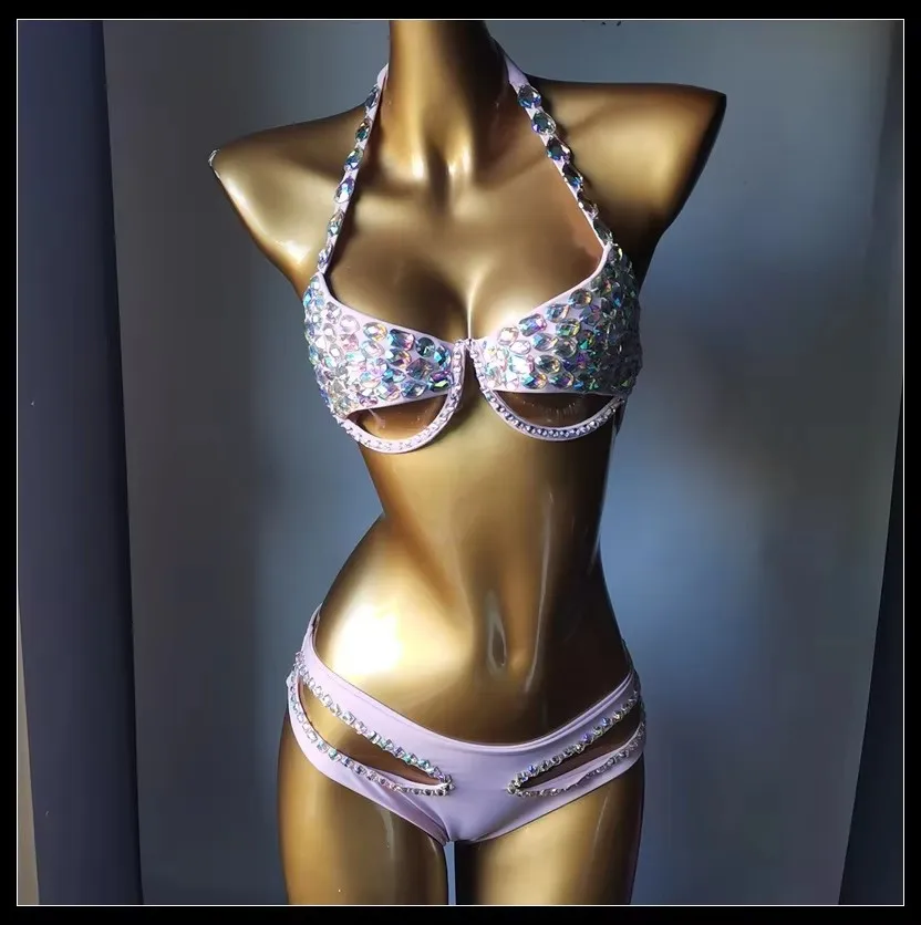 Women's Sexy Black Bikini Rhinestones Halter Top Bottoms Swimwear 2 Piece Pole Dance Performance Rave Festival Club Party Costum