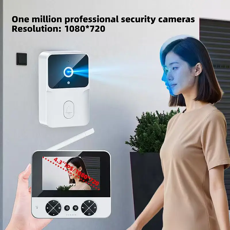 Campainha de vídeo com visão noturna infravermelha de despertar bidirecional atualizada de 4,3 polegadas pode ser instalada com campainhas eletrônicas internas e externas