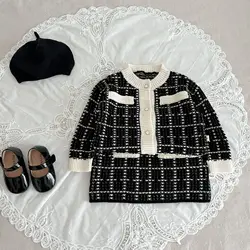 2024 Korean Ins Autumn Baby Girl 2PCS Clothes Set Small Fragrance Style Knitted Long Sleeve Coat Skirt Suit Toddler Girl Outfit