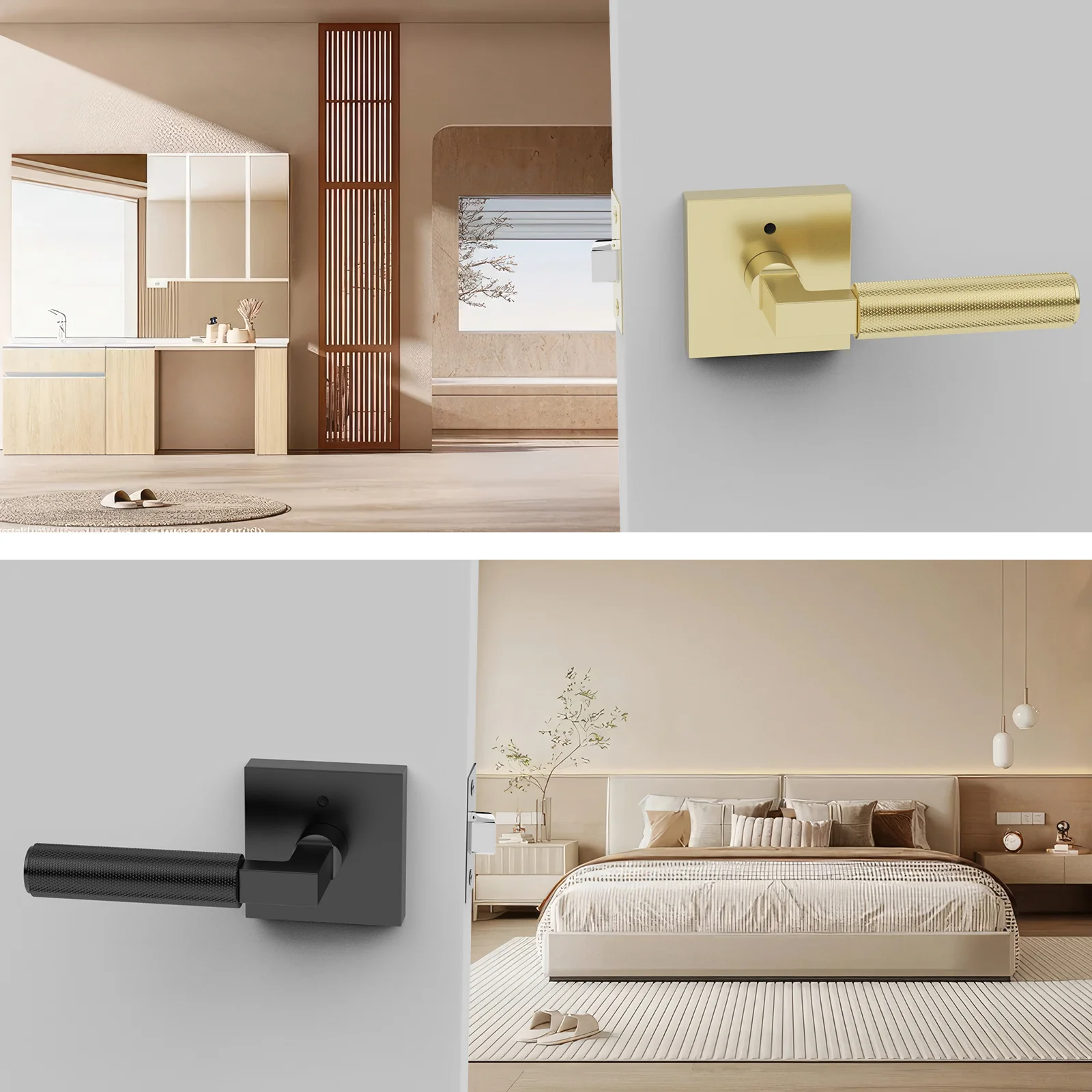 Viladepot 2PCS Privacy Door Handle Rear Knurled Handle Lever Square Base Bedroom Bathroom Door Lock Reversible