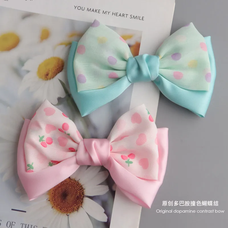 Girls' Colored Bow Hairpins,Forged Fabric Hair Accessories,Original Design Adult and Child Hair Clips,Cherry Pattern Headwear