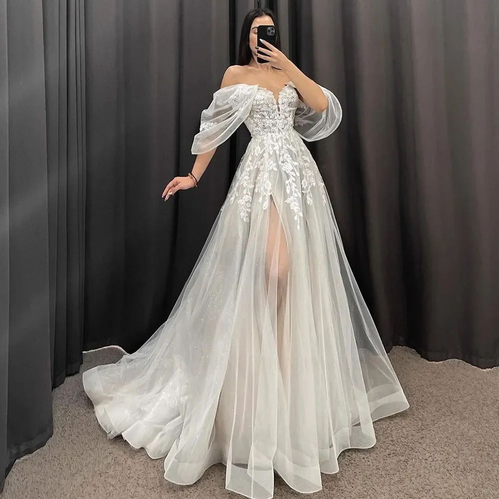 

Boho A-Line Wedding Dresses Sexy Side Split V-Neck Short Sleeves Long Bride Dress Lace Applique Sweep Train Wedding Gowns