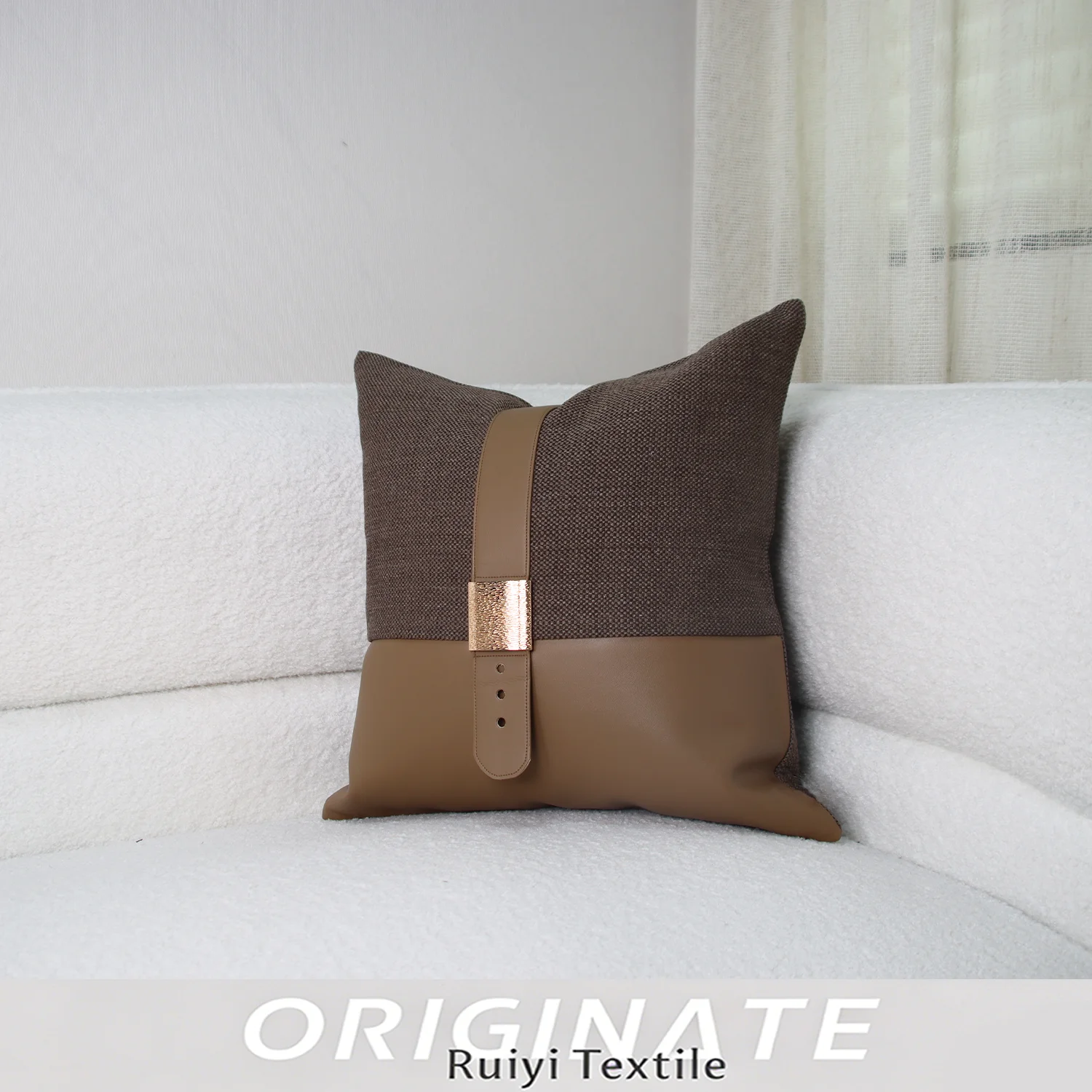 Modern Retro Belt Style Square Pillow Case With PU Leather Strap And Metal Buckle Cushion For Hotel Interior Decoration