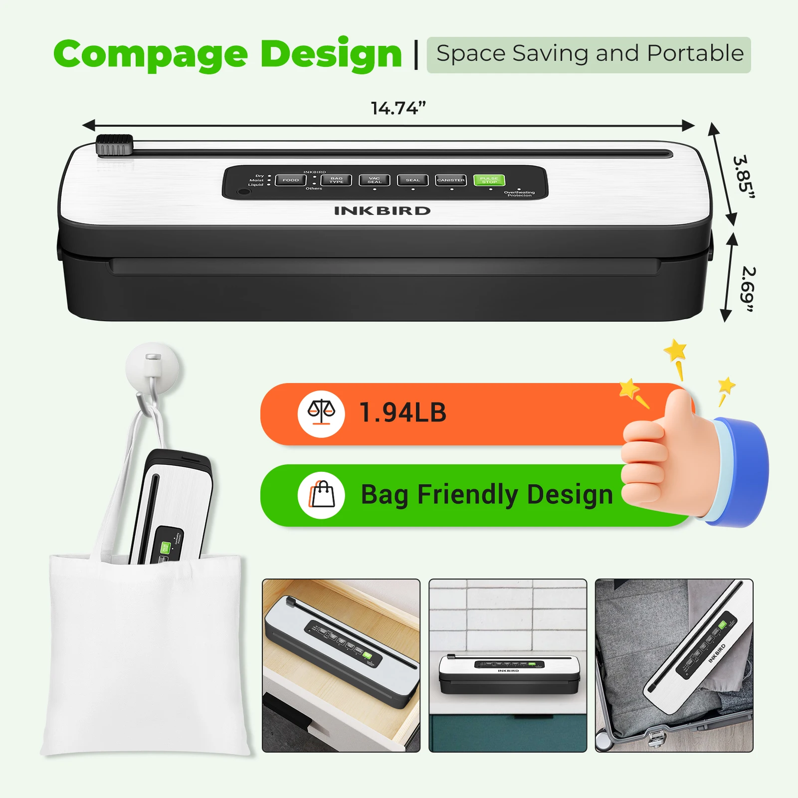 Imagem -02 - Inkbird-máquina Home Compacta do Aferidor do Vácuo com Bolsas de Vácuo Livres Vácuo Preto do Alimento do Agregado Familiar Modos do Cartucho Ink-vs05 220v
