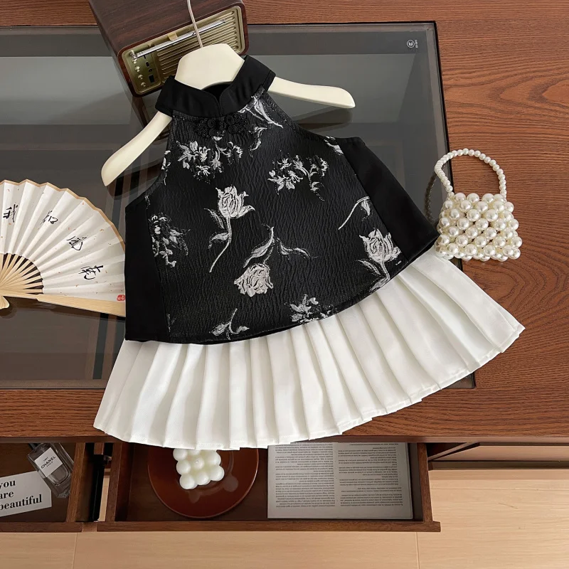 

Girls' Vintage Set Summer New Girls' Strap Shirt+Pleated Skirt Set Wholesale