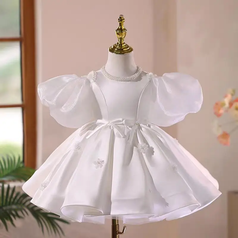 

Elegant White Flower Girl Dress Pearls Puffy Sleeve for Princess Kids Wedding Birthday Communion Party Ball Gown