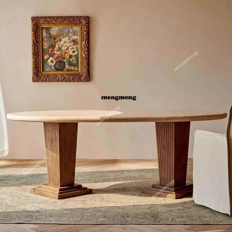 

Household living room oval retro solid wood dining table, small apartment tea table eating long table