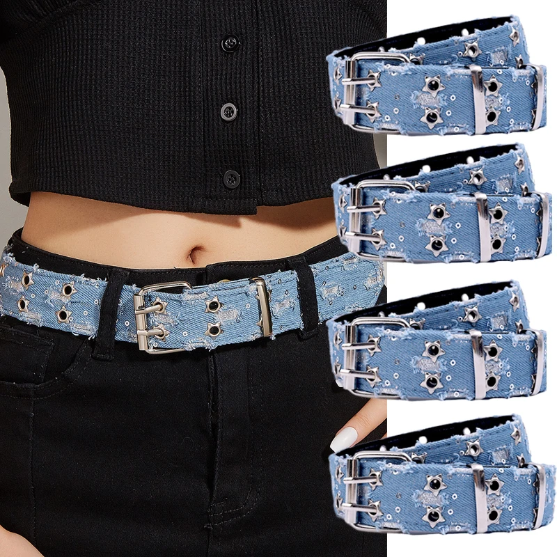 

Y2K Versatile Pin Buckle Belts Punk Blue Denim Double Row Belt Star Porous Metal Buckle Rivet Gothic Jeans Trousers Skirts Belts