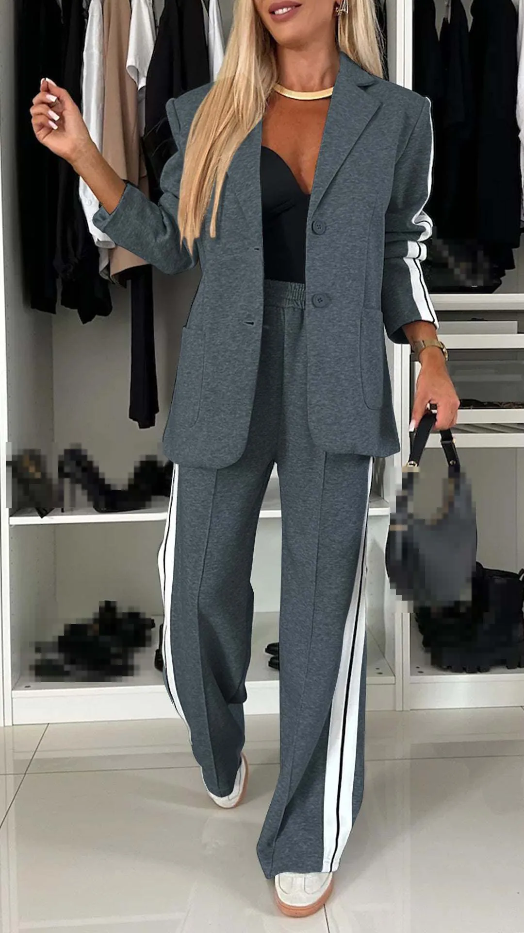 2 Piece Set Women\'s Office Winter Autumn Fashion V Neck Long Sleeve Striped Blazer Elegant Straight Pants Suit Sportswear