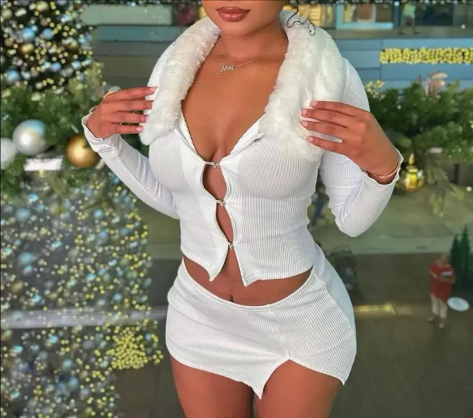 DSMTRC Women Sexy Fur Collar Full Sleeve Single Breasted Tops and Split Mini Skirt 2 Piece Set Matched Winter Party Club Outfits