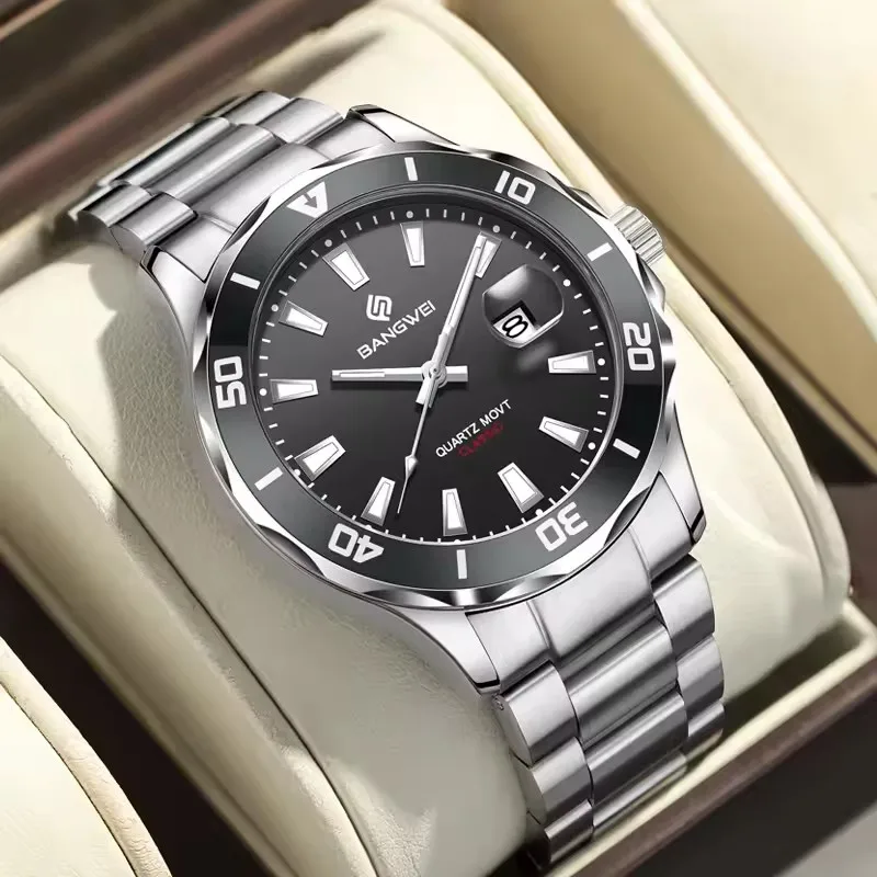 Часы мужские модные спортивные часы для мужчин круглые из нержавеющей стали водонепроницаемые сильные светящиеся календари мужские кварцевые наручные часы (без коробки)