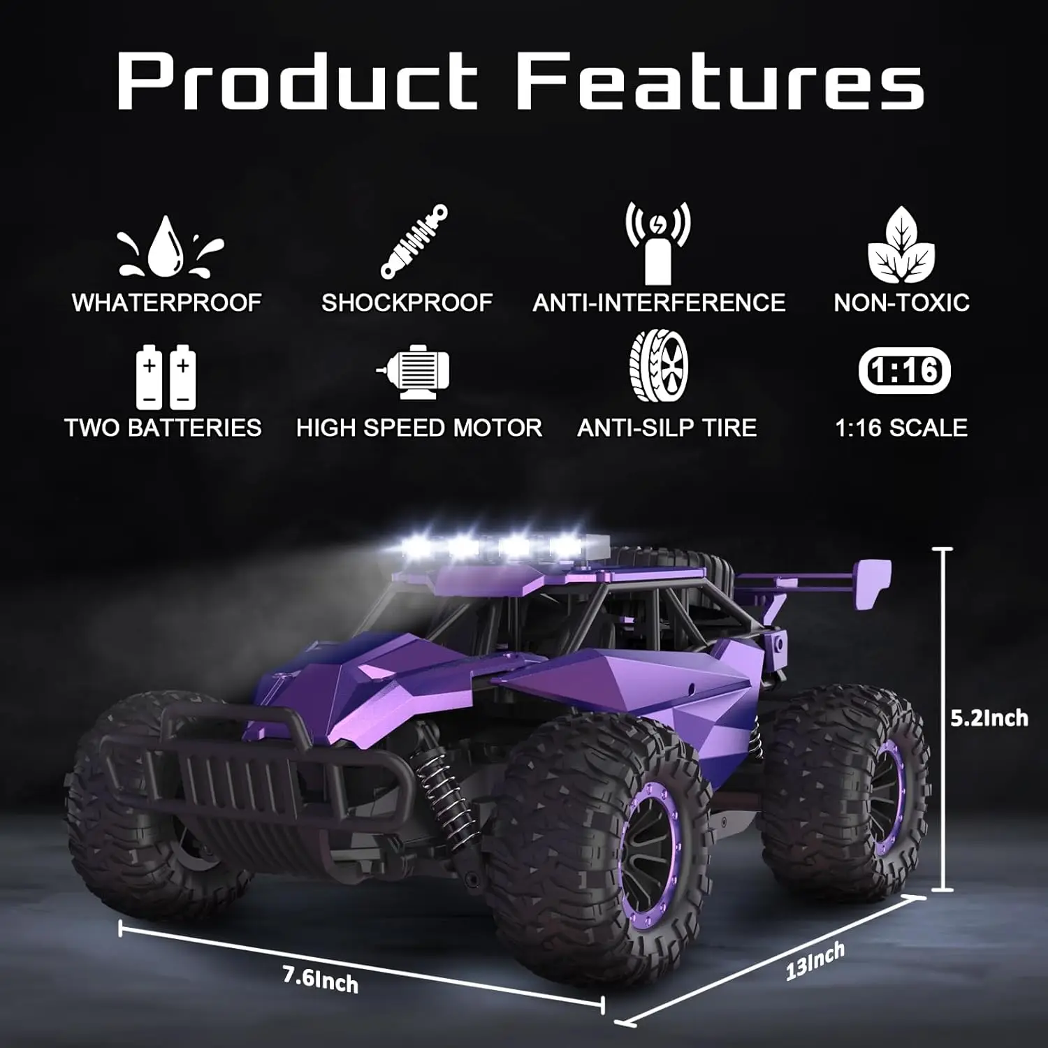 Purple 1:16 Scale Monster Truck Remote Control Car, High Speed 20 km/h RC Vehicle with LED Headlights and Chassis Lights, for Girls, Boys, and Adults