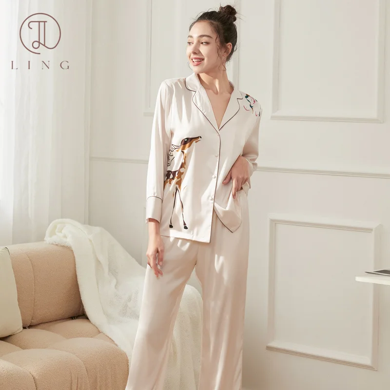 Ling 2 Pcs Long Sleeve Trousers Sets Spring Summer Pajamas Silk Women's Pajamas Sleepwear Long SleevesCasual Home Clothes M-XXL