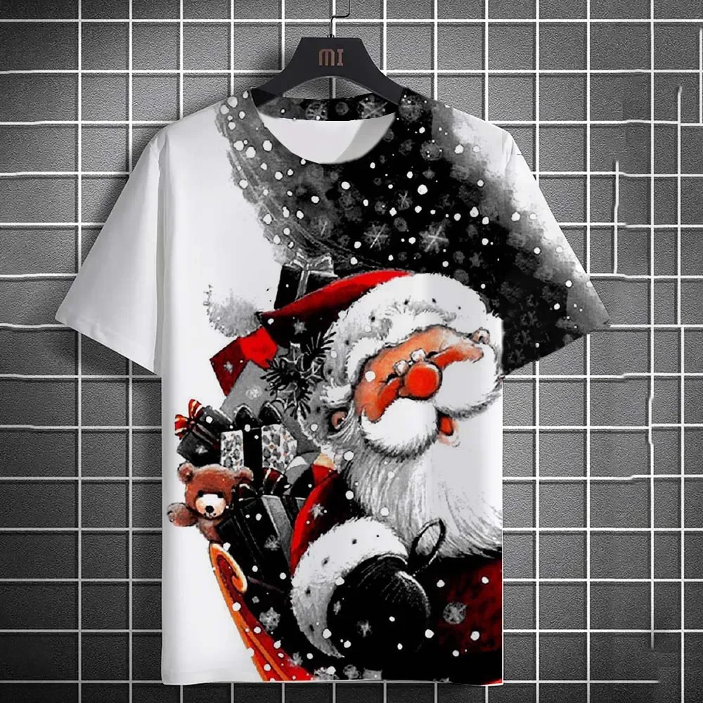 Funny Cartoon Christmas Elk Men's T-shirts 3D Santa Claus Print Pattern Short Sleeve Tops Casual O-neck Loose Tee X'mas Clothing