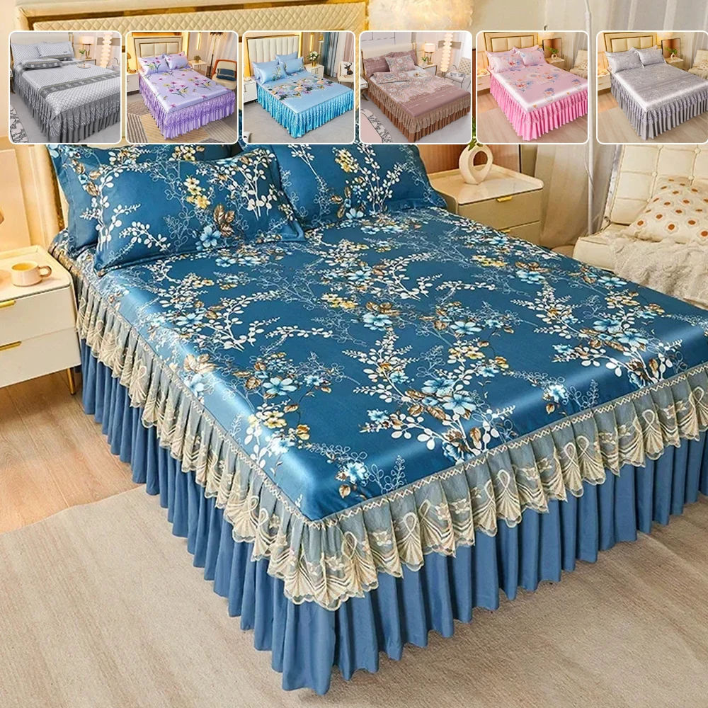

Bedspreads with Ruffles Bed Skirt Thickened Quilted Mattress Covers 38cm Hem with Pillowcases Soft Touch 3pcs Set Bedding 침대스커트