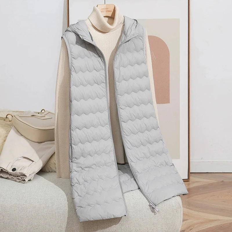 Schinteon Damen-Weste, ultraleicht, 90 % weiße Entendaunen, lange Weste mit Kapuze, lässig, Herbst und Winter, warm, hochwertige Weste, 2025, neu