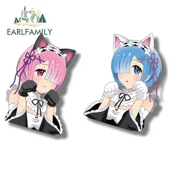 EARLFAMILY-pegatinas impermeables de dibujos animados para coche, adhesivos de 13cm para gemelos con Rem azul, Ram, Anime, Peek, aire acondicionado, Protector de puerta