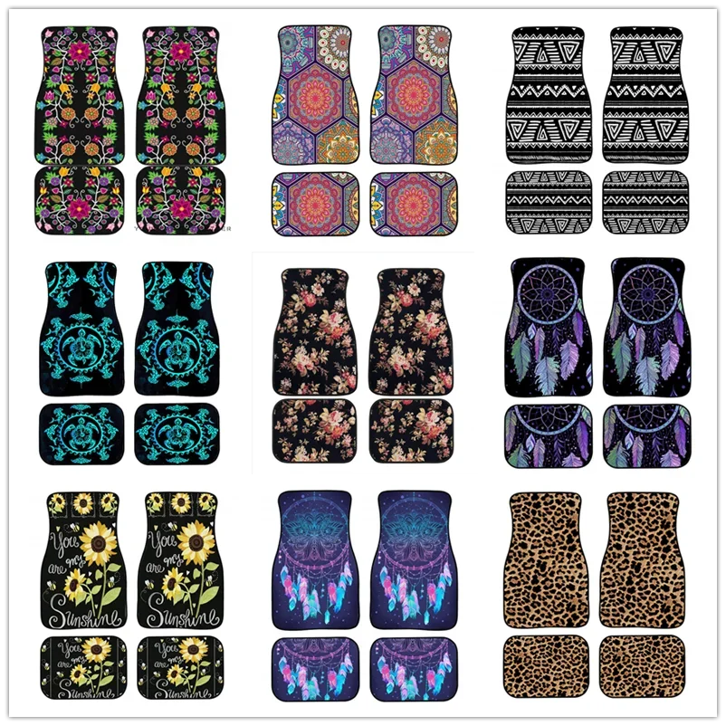 Floral Beadwork Set Of 4 Car Car Floor Mats Front & Rear Liners Set,Universal Fit Auto Carpet Floor Mats for Women Girls