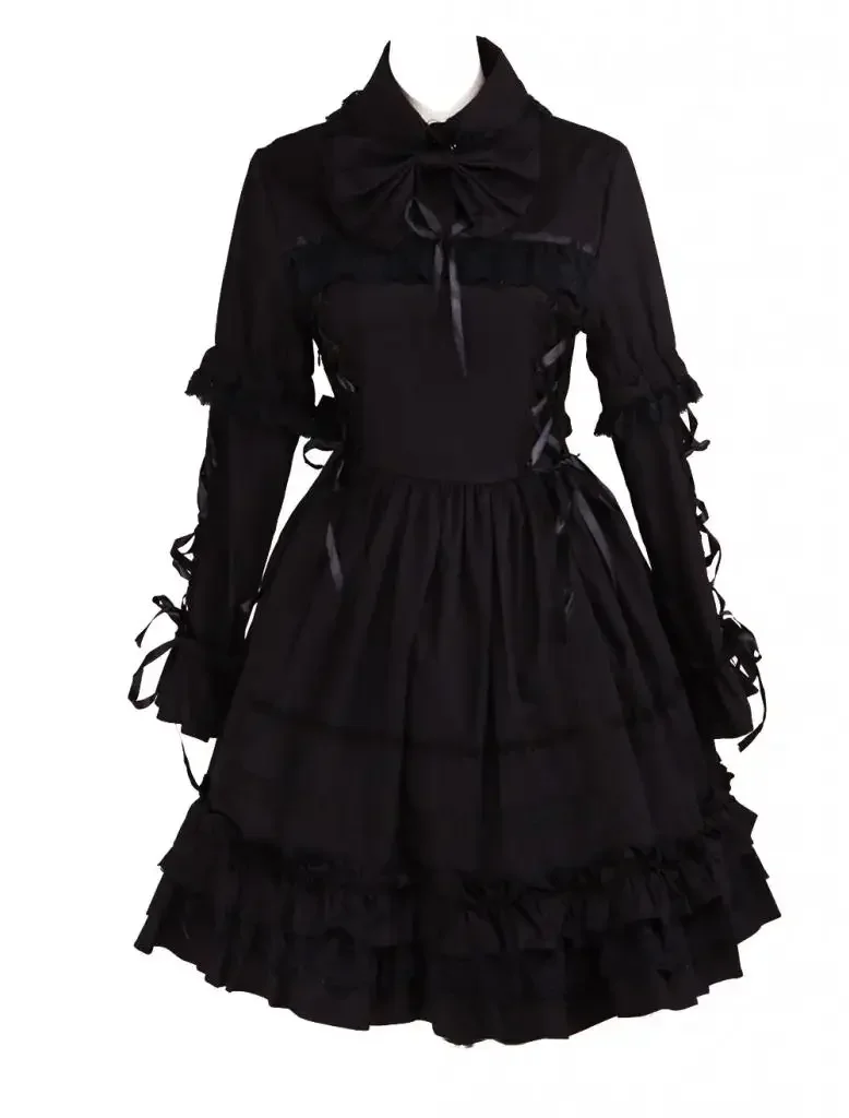 Womens Gothic Style Black Cotton Long Sleeves Court Lolita Dress Party Halloween