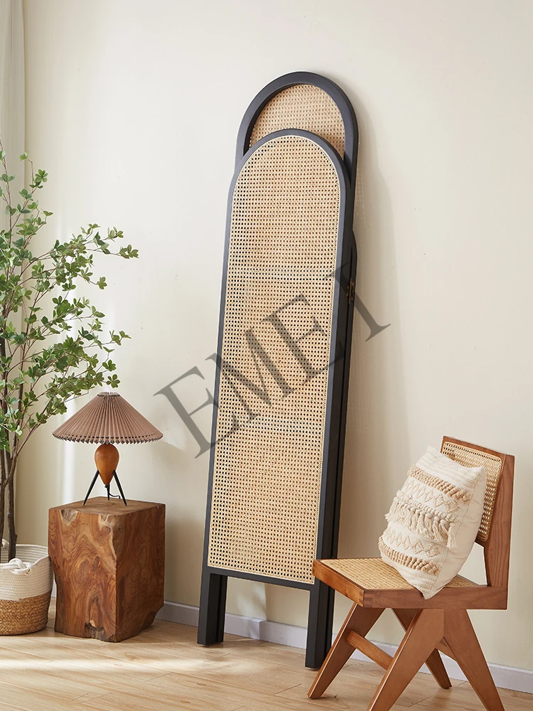 Retro Solid Wood Rattan Screen Folding Partition Bedroom Covering Living Room Hallway Wall Room Divider Panel