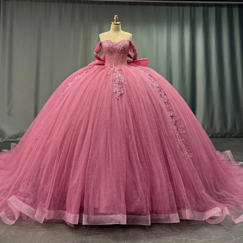 

Pink Shiny Quinceanera Dresses Off The Shoulder Applique Lace Beading Bow Tull Party Birthday Sweet 16 Dress Vestidos 15 De Anos