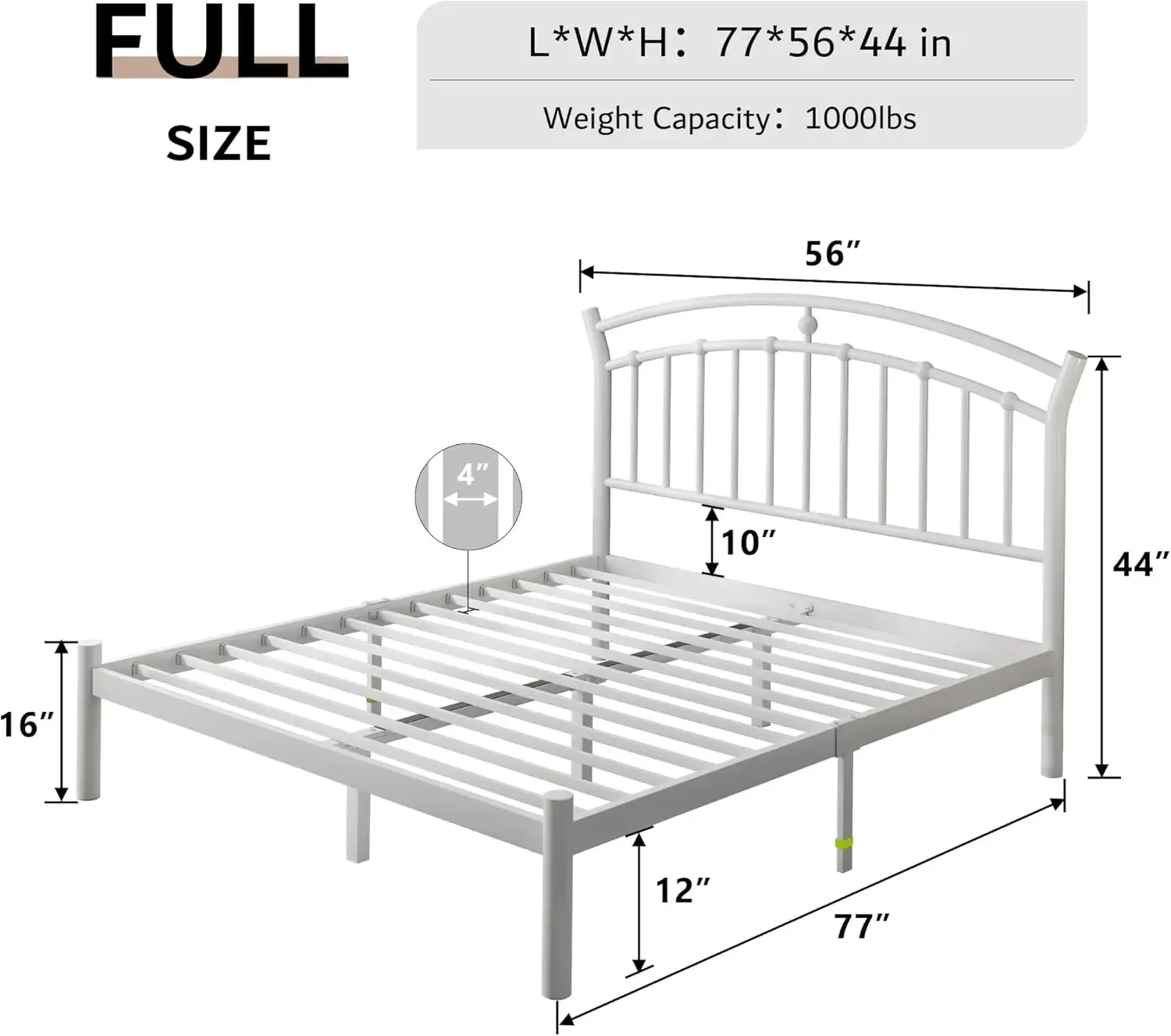 Heavy Duty Steel Slats Support, Under Bed Storage, No Box Spring Needed, Easy Assembly, Noise-Free, White