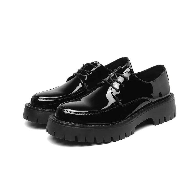 New Spring Autumn Korean Bright Leather Shoes Men Formal Dress Thick Bottom Loafers Lace-up Black British Business Work Shoes