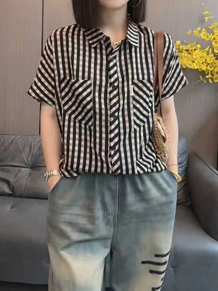 

Летняя женская рубашка в клетку больших размеров с коротким рукавом, свободного кроя, в корейском стиле, для повседневной носки, с эффектом похудения, специальный дизайн, топ