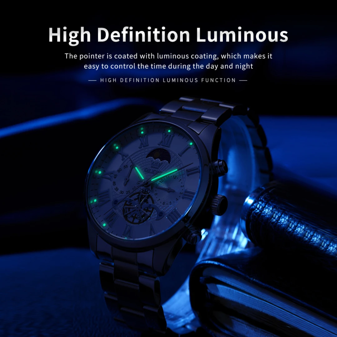 OLEVS 3640 Quartz Fashion Watch Gift Round-dial Stainless Steel Watchband Wristwatch Moon Phase Calendar Luminous Small second