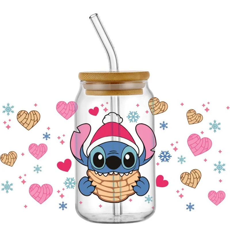 Stitch Christmas Serials 16 OZ UV DTF Cup Wrap Transfer Sticker Waterproof Selfadhsive Washable DIY Decals For Glass Libbey Can