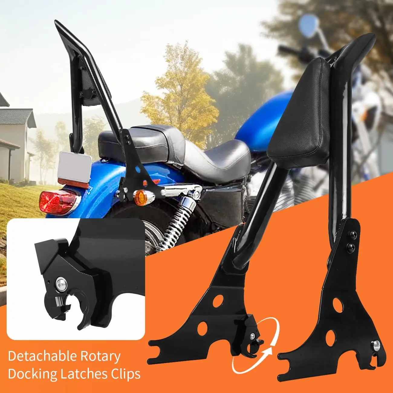 Motorcycle Sissy Bar Backrest with Rotary Docking Latches and Clips, Compatible with Select Cruiser Bike Models