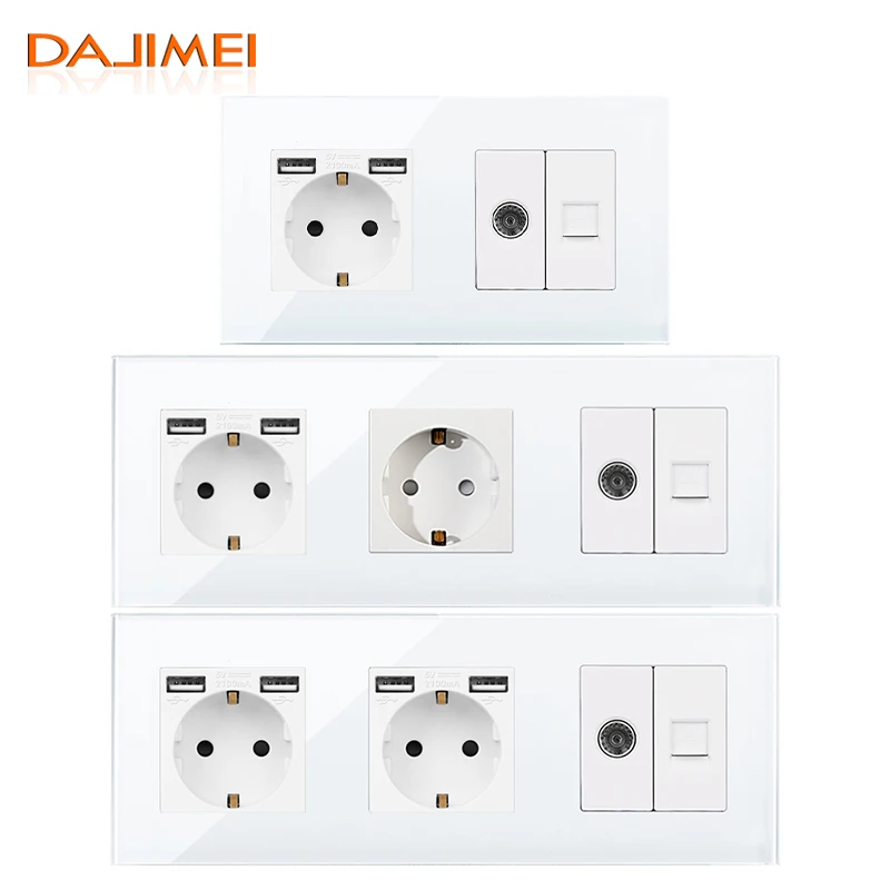 DAJIMEI EU Russia Standard Double Triple Wall Plug TV Computer Internet RJ45 and Dual USB Socket Crystal Glass Panel for Home