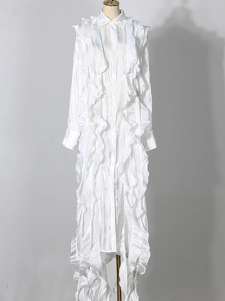 MODX-Vestido camisero blanco con volantes para mujer, elegante vestido de fiesta Irregular de manga larga con solapa, tendencia de moda, primavera y otoño, 2024