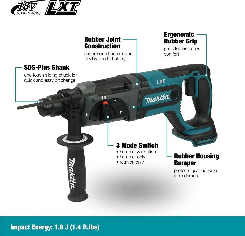 마키타 DHR202 SDS-Plus 치즐 펀치 2J 18V LXT 20mm 로터리 해머 SDS-PLUS 3모드 진동방지 전동 해머 파워툴