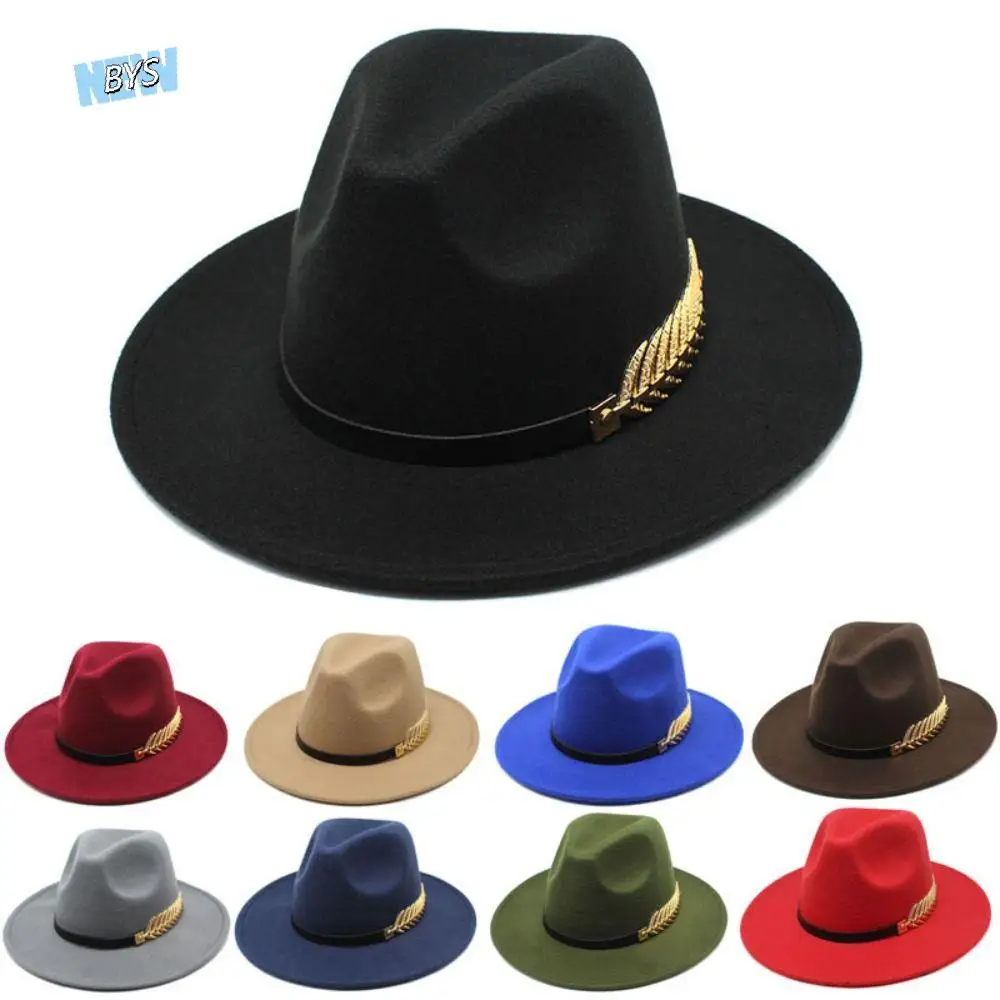 

Large Brimmed Woolen Hats Formal Occasion Performance Cap Fedora Hat Jazz Hats Leaf Decoration British Vintage Hats Men Women