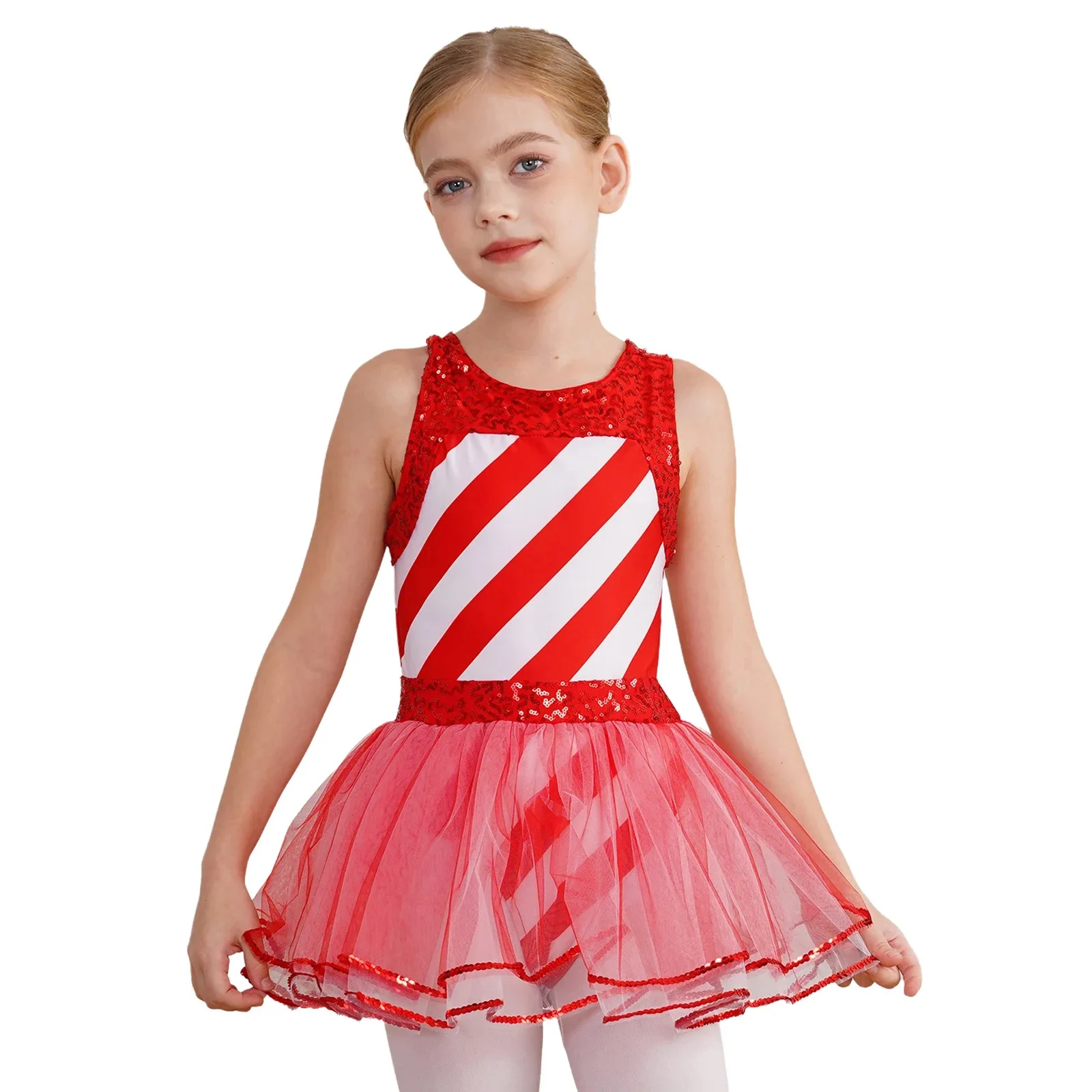 

Kids Girls Shiny Striped Figure Skating Dance Dress Cutout Back Bowknot Mrs Santa Claus Christmas Ballet Tutu Skirt Jumpsuit