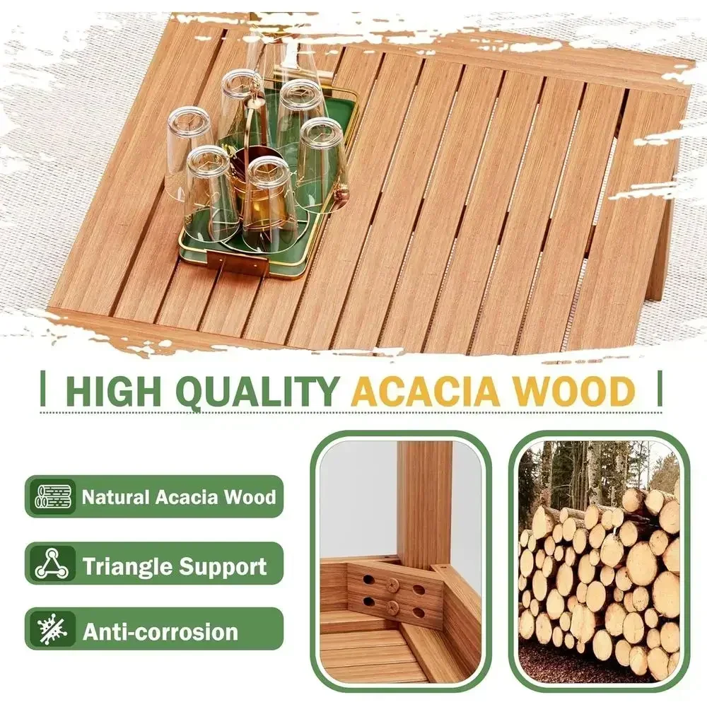 Outdoor Sectional Sofa Set with Acacia Wood Coffee Table, L-Shaped Patio Sofa with All-Weather Cushions for Deck and Backyard (W
