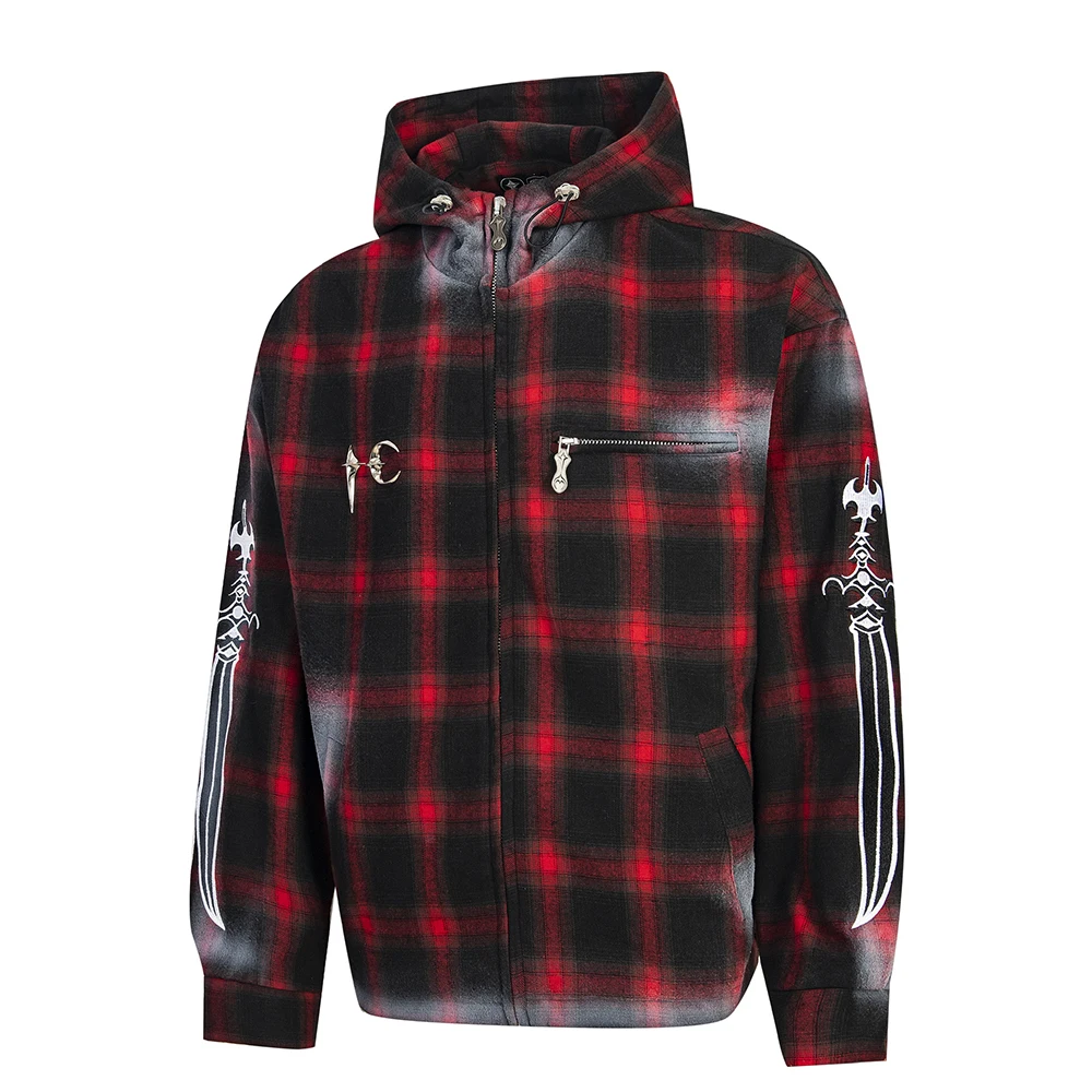 

Embroidery Metal Logo Buttons Checkered Hooded Shirts Jackets for Men Color Match Casual Long Sleeve Fall Shirt Coats Oversized