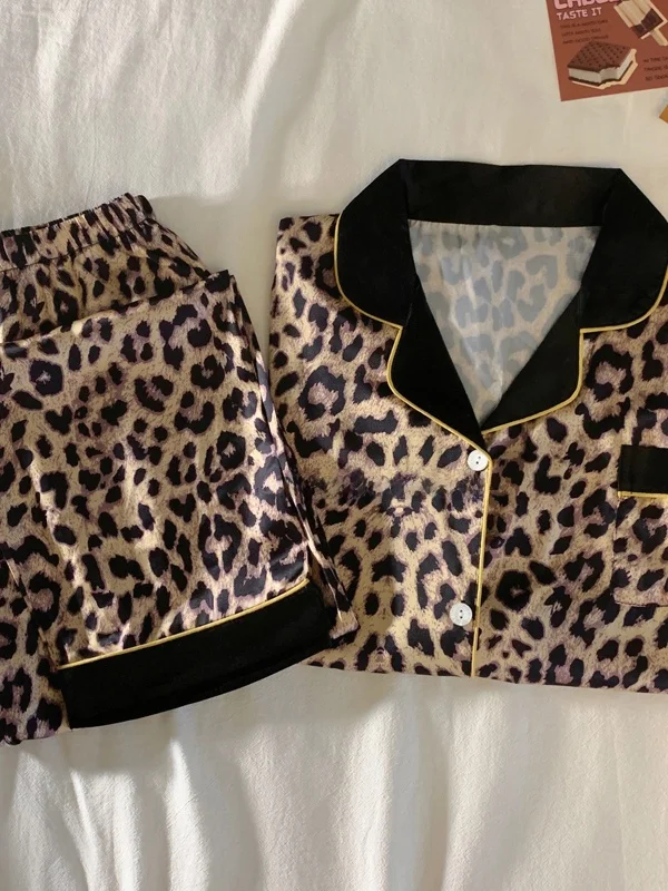 

Leopard Print Sleepwear Women's Short Sleeve Long Pants Ice Silk Home Clothes Set Spring Summer Casual Straight Leg