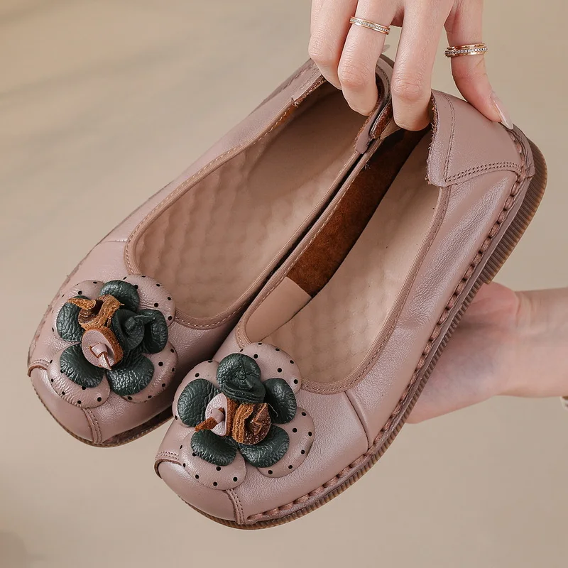 

Delicate Floral Retro Cow Leather Ballet Flats Comfort Slip On Casual Loafers Women Handmade Retro Moccasins All Day Wear Shoes