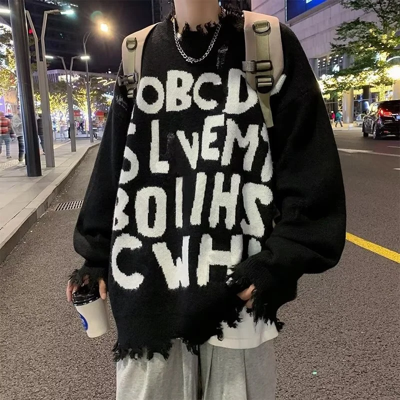 

American Sle Ripped Letter Sweater ex Casual Knitted irt Cotton Blend Fabric Thi Long Sve round Ne for Youth