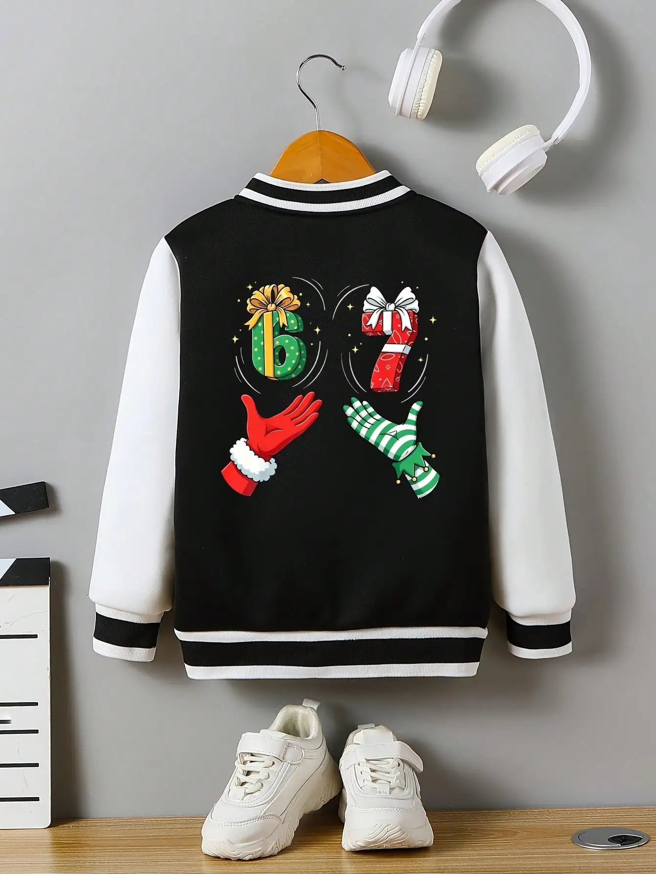 

Children's baseball jackets, 67 meme designs, Christmas-themed, with pockets, for holiday parties, back printing. Gifts for kids