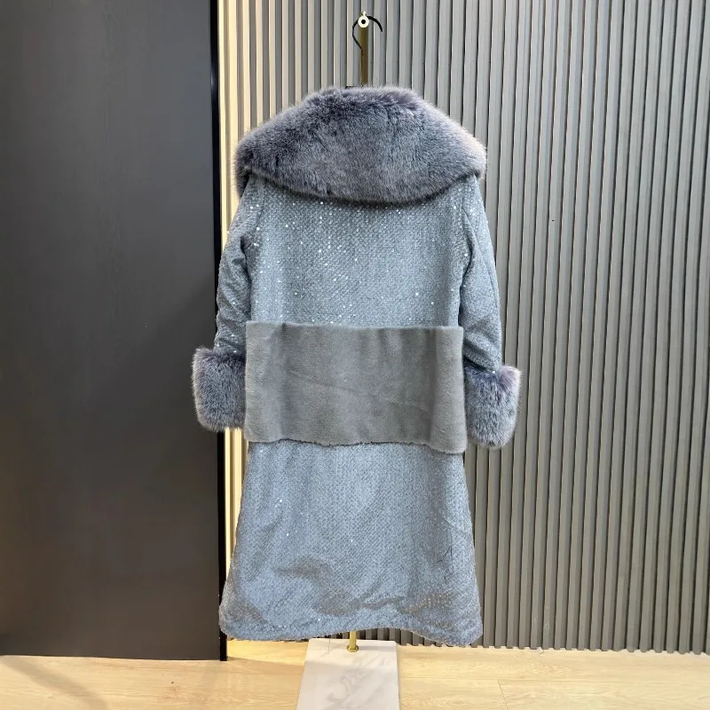 Long Faux Fox Fur Coat Elegant Socialite Style Fashion Sequin Furry Coats 2025 New Autumn Winter Woolen Jacket Outerwear Ladies
