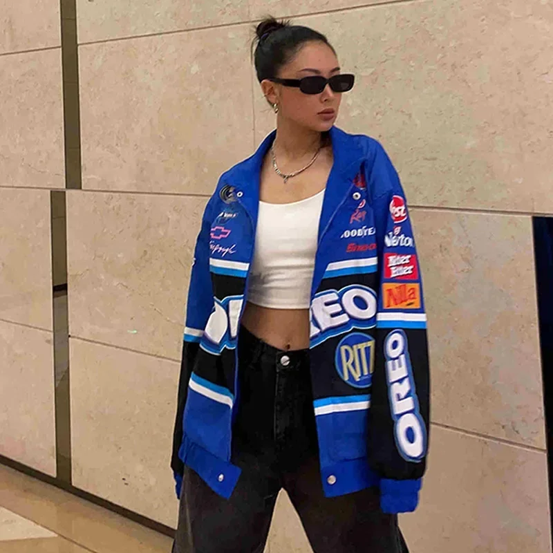 Spring Autumn Racing Jacket for Women Men Fashion Printed Long Sleeve Motorcycle Baseball Jacket Adult Casual Loose Zipper Coat